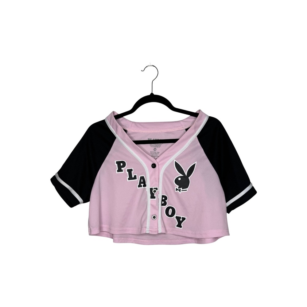 Playboy Pink Black Cropped Baseball Jersey Button Front Top Medium